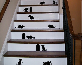 Mice Decals - Set of 12 Mouse Silhouette Stickers & 3 Mouse Holes - Halloween Decorations - Mouse Wall Decals - Mice Stickers