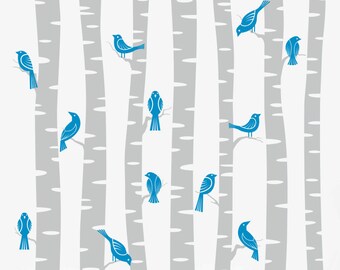 White Birch Trees With Birds Wall Decal, Removable Wall Decals, Nursery Wall Decals, Baby Bedroom Wall Stickers, Living Room Decal, S023