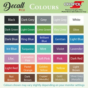 May include: A color chart displaying a variety of hues for matte removable adhesive vinyl. The chart includes colors like black, white, grey, blue, green, pink, and metallic shades. The text "Decall ca COLOURS" is at the top.