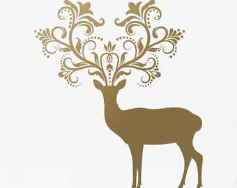 Caribou Deer with Patterned Horns - Animal Wall Decal, Deer Wall Sticker, Animal Wall Art Decor, S019