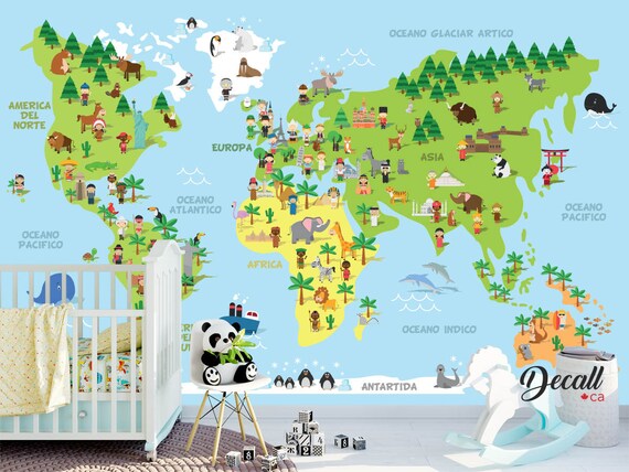 Cartoon World Map With Children Of Different Nationalities Etsy