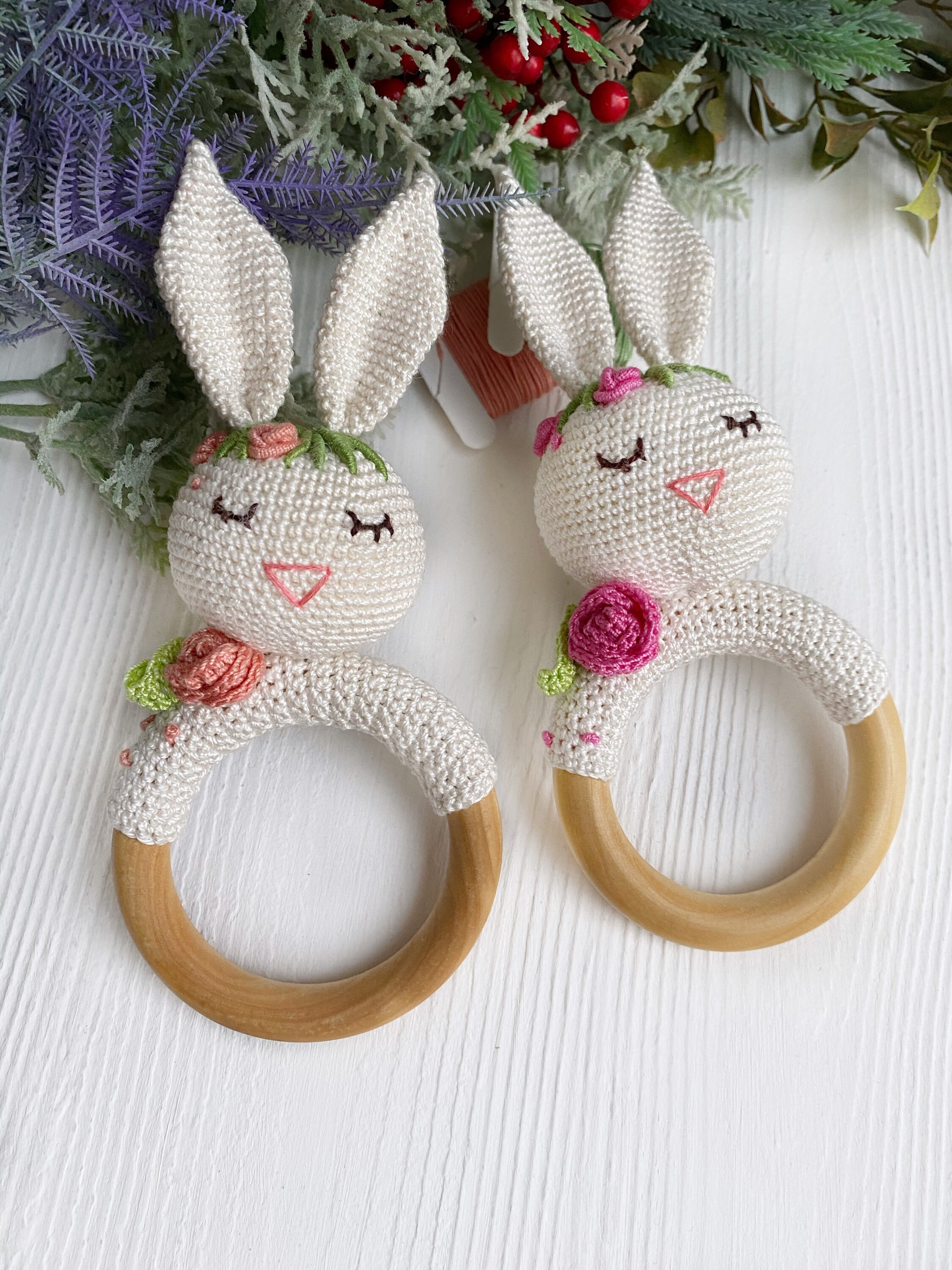 Bunny rattle in flowers Easter bunny baby 6 month old toy 8 Etsy