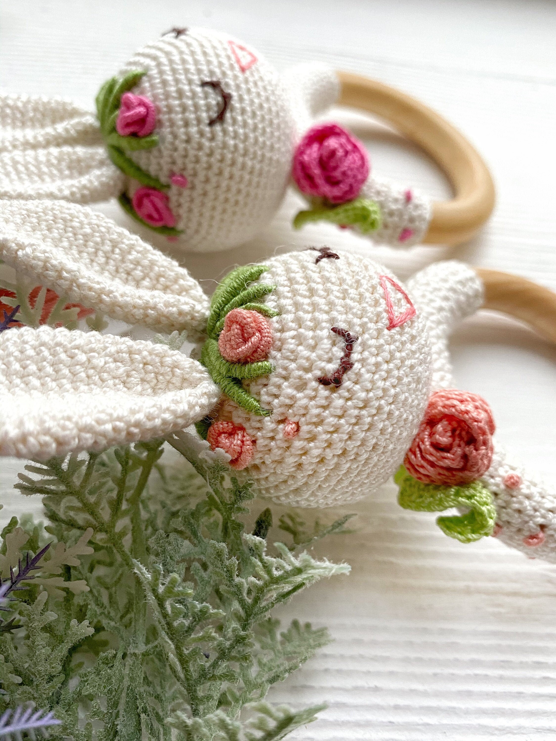 Bunny rattle in flowers Easter bunny baby 6 month old toy 8 Etsy