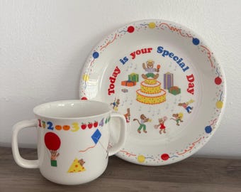 Set da tavola vintage anni '80 Lenox Teacher's Pets composto da due pezzi: piatto e tazza, ideale per il compleanno.