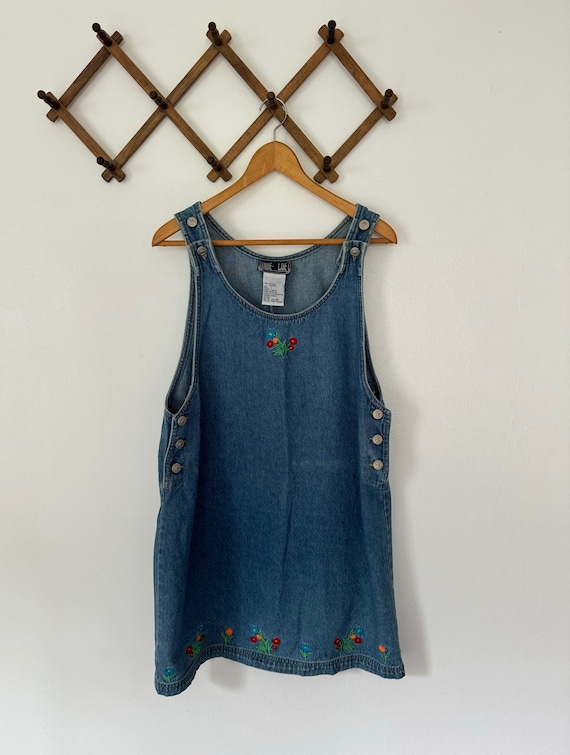 90s True Blue Denim Overalls Jumper Dress with Emb