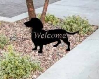 Letrero de bienvenida para perro salchicha, arte de jardín para perro salchicha, arte de pared para perro salchicha, arte de metal para perro salchicha, estatua de perro salchicha, estaca para jardín para perro, decoración de pared