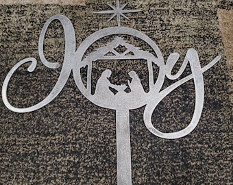 Letrero de Natividad "Alegría", letrero de jardín "Alegría", belén de metal, arte navideño para el jardín, estaca de natividad para el jardín, decoración navideña para exteriores, letrero navideño "Alegría"