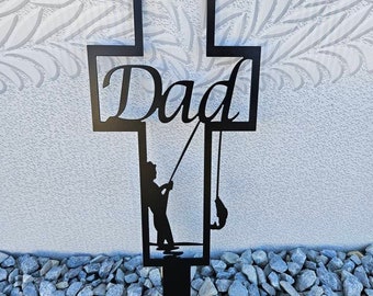 Personalized cross, cemetery stake, grave marker, metal cross, outdoor memorial gift, fishing memorial, garden stake, in memory of gifts