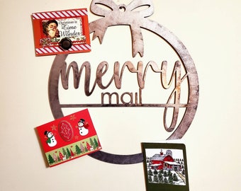 Porta tarjetas navideñas para pared, colgador de correo navideño, expositor de tarjetas navideñas, portafotos para tarjetas navideñas, letreros navideños de metal, letrero magnético