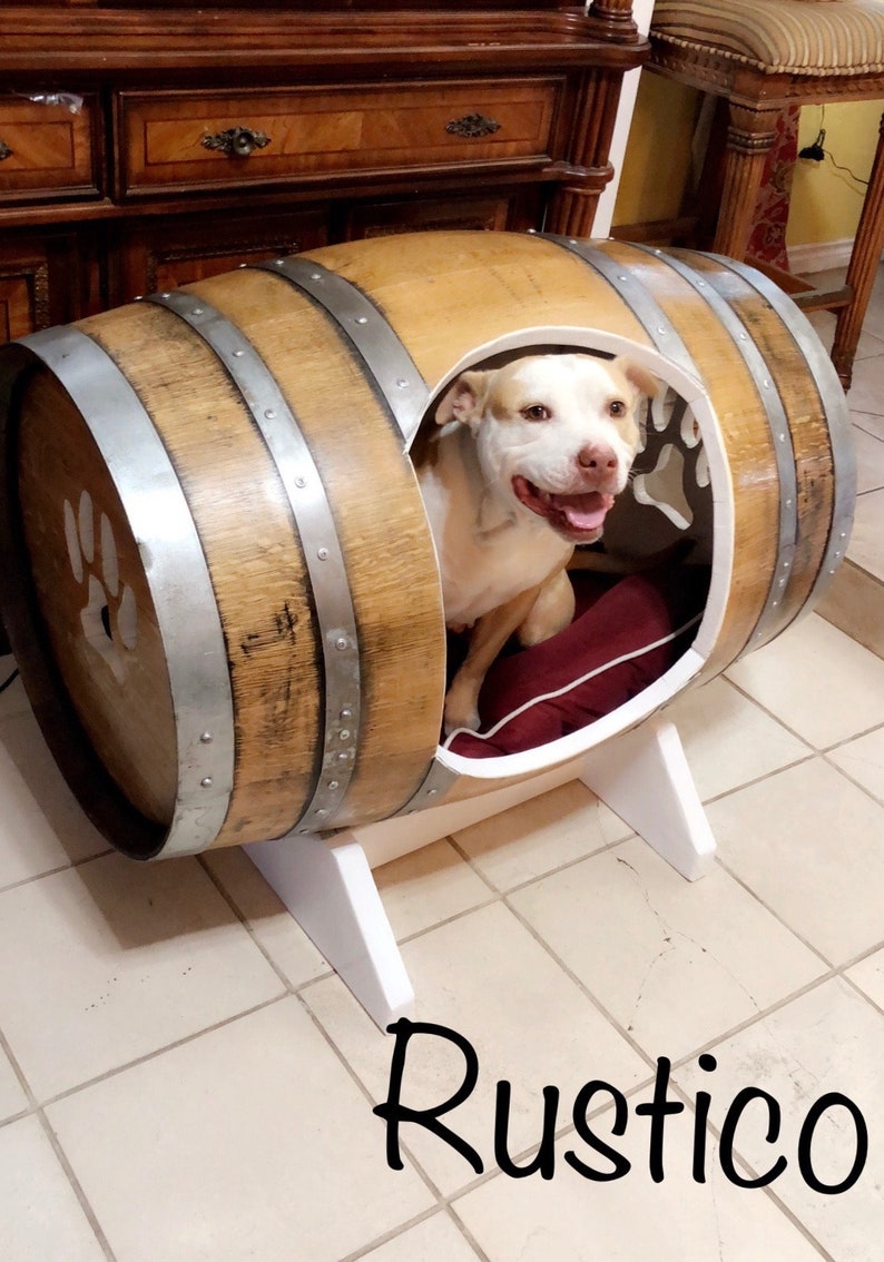Image showcasing RUSTICO - La Casa Deluxe - Wine Barrel Dog Bed - Natural Stain ...
