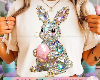 Easter Bunny Rhinestone PNG, Crystal Bunny with Eggs Clipart, Jeweled Gemstone Rabbit PNG, Pastel Easter Eggs Design, Coquette Preppy Easter