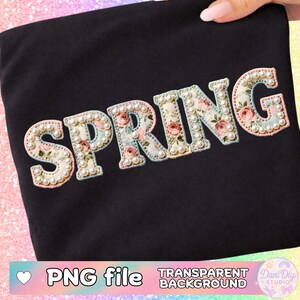 Puede incluir: Tela negra con la palabra "SPRING" bordada en un patrón floral con detalles de perlas. El texto está en una fuente serif. La imagen también incluye el texto "PNG file" y "Transparent Background".