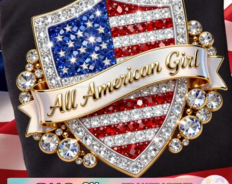 Image PNG strass All American Girl, écusson patriotique USA Bling, semi-quincentenaire (1776-2026), America 250, sublimation du 4 juillet