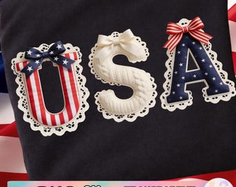 Motif patchwork américain (PNG), nœud papillon patriotique Coquette, lettres en dentelle pour le 4 juillet (sublimation), drapeau américain vintage, 250e anniversaire des États-Unis (1776)
