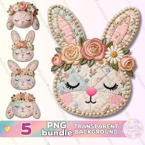 Puede incluir: Colección de cinco diseños bordados de caras de conejos con coronas florales. Los conejos tienen los ojos cerrados, narices rosas y están adornados con flores y cuentas perladas. La imagen incluye el texto "5 PNG bundle TRANSPARENT BACKGROUND".
