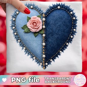 Puede incluir: Un diseño en forma de corazón con textura de mezclilla, adornado con una rosa rosa y perlas de imitación. El diseño está dividido verticalmente, con mezclilla más clara a la izquierda y más oscura a la derecha. Las palabras "PNG file" y "Transparent Background" son visibles.