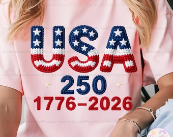 USA 250 Faux Yarn Crochet Heart PNG, 1776-2026 USA Flag Bow, Patriotic 250th Anniversary Sublimation Clipart, 4th of July Shirt Design