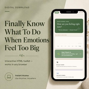 Puede incluir: Un teléfono inteligente muestra un kit de herramientas HTML interactivo con el texto "Finally Know What To Do When Emotions Feel Too Big." La pantalla muestra una función de registro y una opción de exploración. Las palabras "Instant Access" también son visibles.