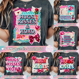 Puede incluir: Una camiseta gris oscuro con un diseño gráfico colorido que dice "Hugs, Kisses & XOXO". El diseño incluye un lazo rosa, una rosa roja y un globo en forma de corazón. La imagen también muestra otros diseños con temas similares.