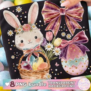 Puede incluir: Ilustración digital con un conejito con corona de flores, una cesta de huevos de Pascua y lazos decorativos. El diseño incluye margaritas, tulipanes y un gran huevo de Pascua, todo sobre un fondo negro. El texto dice "8 PNG bundle TRANSPARENT BACKGROUND".