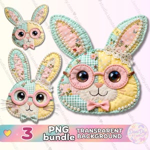 Puede incluir: Colección de tres diseños de caras de conejos caprichosos. Cada conejo presenta patrones de patchwork en colores pastel, gafas redondas y una pajarita. Incluye el texto "3 PNG bundle TRANSPARENT BACKGROUND" y el logo "Dani Diy STUDIO".