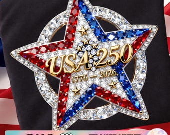 Image PNG strass USA 250, insigne étoile scintillante du 250e anniversaire (1776-2026), drapeau patriotique américain 250, motif par sublimation, image PNG du semi-quincentenaire