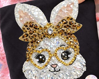Easter PNG Rhinestone Bunny Leopard Bow, Bling Crystal Bunny Face PNG, Sparkly Sublimation Design, Transparent Background, Digital Download