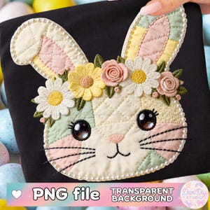 Puede incluir: Cuadrado negro con un diseño de cara de conejo acolchada, adornado con una corona floral y detalles de perlas. El conejo tiene ojos grandes y brillantes y una nariz rosa. El texto en la parte inferior dice "PNG file TRANSPARENT BACKGROUND".