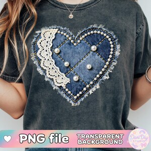 Puede incluir: Camiseta gris oscuro con un diseño de corazón de mezclilla. El corazón está adornado con perlas y encaje. Las palabras "PNG file" y "Transparent Background" son visibles en la parte inferior de la imagen.