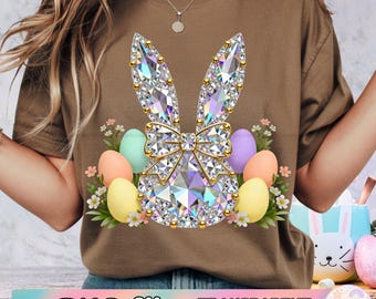 Easter Bunny Rhinestone PNG, Crystal Bunny with Eggs Clipart, Jeweled Gemstone Rabbit PNG, Pastel Easter Eggs Design, Coquette Preppy Easter