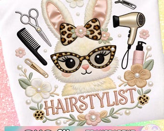 Easter Hair Stylist PNG, Preppy Easter Hairdresser Sublimation Shirt Design (Digital Download), Spring Bunny with Leopard Bow, Hair Clipart