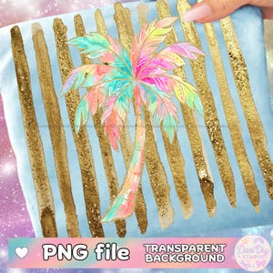 Puede incluir: Un fondo azul claro con rayas verticales doradas con purpurina y una palmera de acuarela en colores pastel. El texto "PNG file" y "Transparent Background" son visibles.