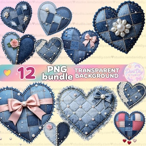 12 Faux Patchwork Denim Pearl Hearts PNG Bundle | Coquette Bow Lace Heart Clipart | Valentine Sublimation DTF | Transparent Background