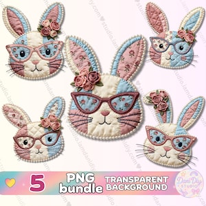 Puede incluir: Cinco diseños de caras de conejos con gafas, adornos florales y un patrón de patchwork en rosa, azul y crema. La imagen incluye el texto "PNG bundle transparent background".