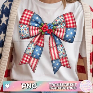 May include: A decorative bow design in red, white, and blue, with star and stripe patterns. The bow includes floral details and a central flower arrangement. The design is set against a white background, with the text "PNG TRANSPARENT BACKGROUND" at the bottom.