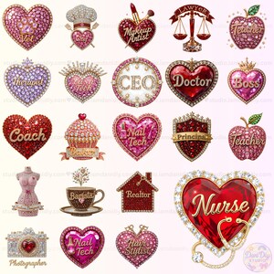 Puede incluir: Una colección de broches con forma de corazón y otros diseños, incrustados con pedrería, cada uno con una profesión como "Enfermera", "Doctor" y "Maestro". Los broches son de varios colores, incluyendo rojo, rosa y morado.