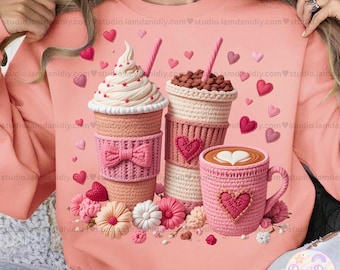 Yarn Valentine Coffee PNG | Coquette Pink Faux Yarn Crochet Drinks + Hearts | Bow Cup + Heart Latte | Cute Floral Bundle
