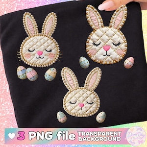 Puede incluir: Tela negra con tres caras de conejos bordadas, cada una con ojos cerrados, narices rosas y detalles de perlas. Los conejos tienen bordes de perlas y orejas forradas de rosa. También hay huevos de Pascua en colores pastel. El texto "3 PNG file TRANSPARENT BACKGROUND" está en la parte inferior.