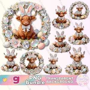 Puede incluir: Un conjunto de imágenes PNG con vacas de las Tierras Altas adornadas con orejas de conejo, lazos y joyas brillantes. Las vacas están rodeadas de arreglos florales, huevos de Pascua y piedras preciosas. El texto "PNG bundle transparent background" es visible.