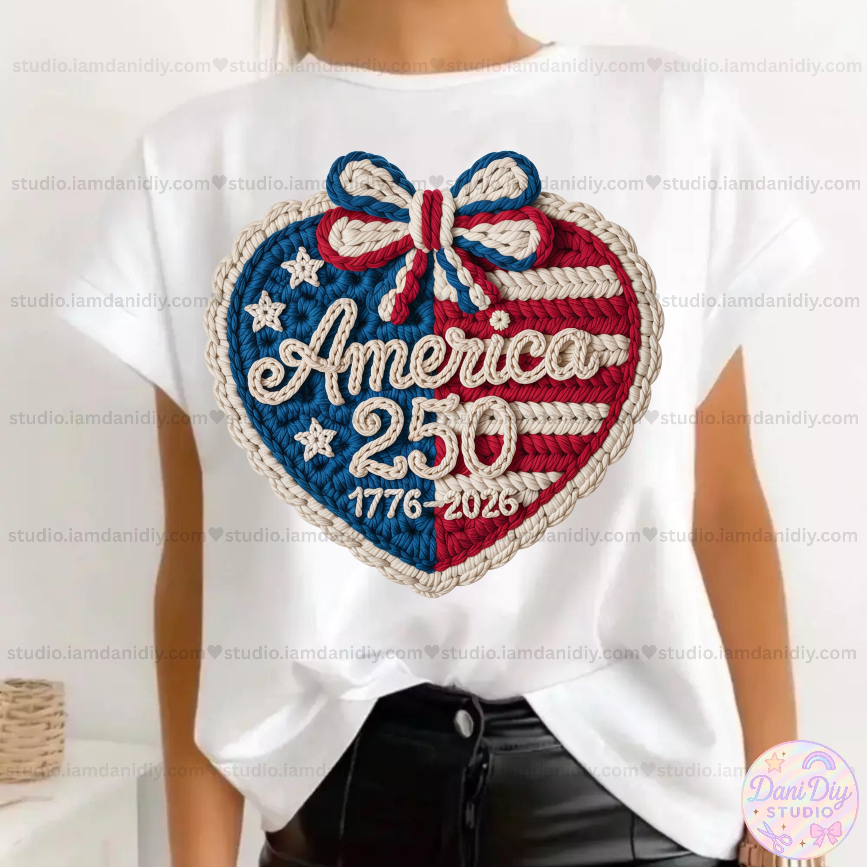 America 250 Faux Yarn Crochet Heart PNG, 1776-2026 USA Flag Bow