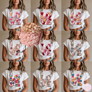 May include: White t-shirts with the word "LOVE" in various colorful designs. The designs include stripes, floral patterns, and a mix of colors. The shirts are short-sleeved and worn by a person.