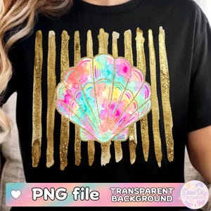 May include: Black t-shirt featuring a colorful watercolor seashell design. The seashell is in shades of pink, blue, yellow, and green. Vertical gold glitter stripes are behind the seashell. The text "PNG file" and "TRANSPARENT BACKGROUND" are at the bottom.