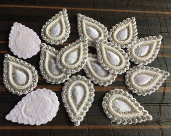 Antique Embroidered Applique Handmade Insertion Pieces Warm White Ivory Paisley Shaped Set of 3