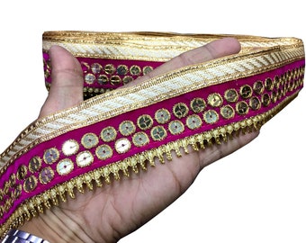 9 Yard Pailletten, Magenta Trim, Dupatta, Saree, Sari, Kundan Spitze, Glasperlen, Steinarbeit Borte, Bollywood Sari, Hochzeit Golden