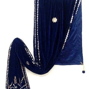Indian Bridal Velvet Navy Blue  Dupatta Mirror Foil Work Party Wear Scarf,Shwal,Chunni With Tsaaels