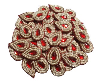 15 Uds. Apliques de cuentas de perlas indias, apliques indios bordados en rojo dorado, forma de gota, coser vestido, decoración artesanal, parches artesanales