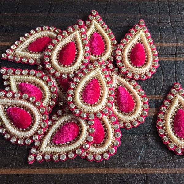 8 Pcs Indian lehenga Patch Sari Beaded Decorative Pink Beaded Applique Handcrafted Drop Shape Dress Dupatta Patch Decorative  Appliques