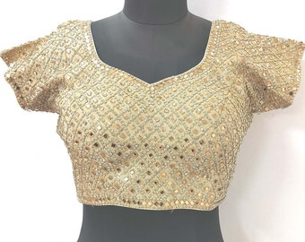 Blusa de trabajo con cuentas de piedra pesada preparada en oro indio Saree Top Lehenga Diseñador Choli, Crop Top totalmente cosido acolchado con manga