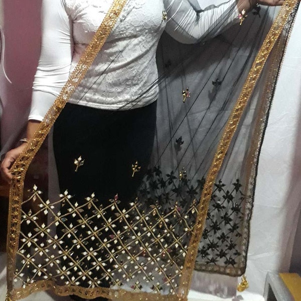 Indian Bollywood Mirror Work Net Dupatta Scarf,Shwal,Chunni Lastest Wedding Women Dupatta Stole,Wraps Black Net Dupatta With Gold Latkan