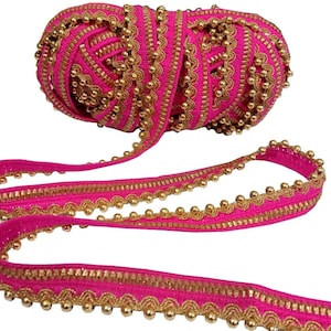 Gold and Magenta Bridal Dupatta Motif Work Border by 9 Yard Lace,Glass Beads,Stone Sari,Wedding Saree Ribbons Indian Trim Embellishmet